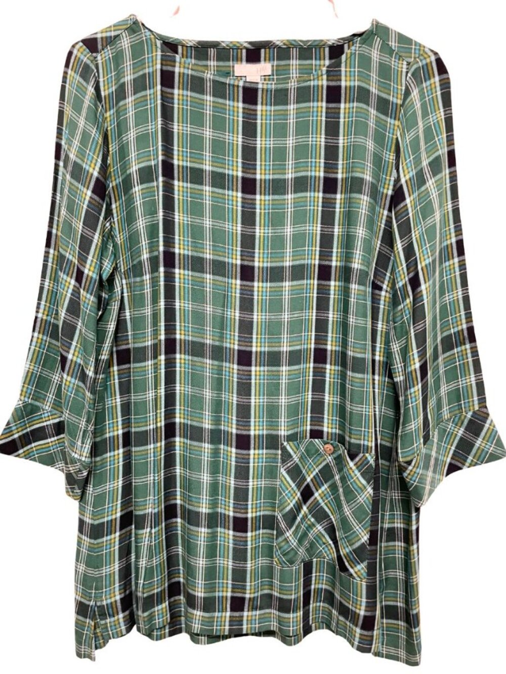 Entire Closet $5! J. Jill Plaid Tunic Top Small Green Blue 3/4 Sleeve